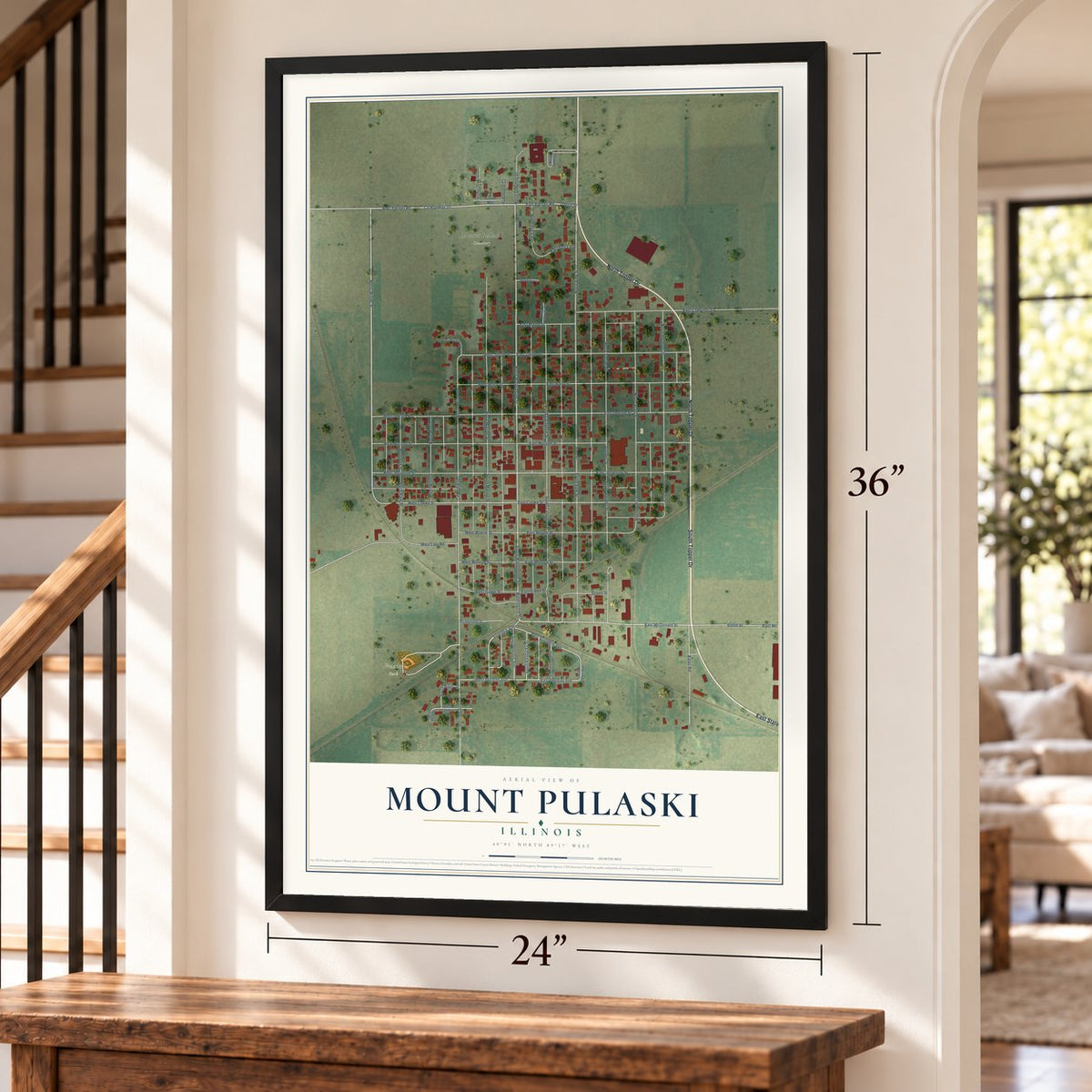 Mount Pulaski, Illinois map, 24 x 36 inch print in a black frame by a staircase