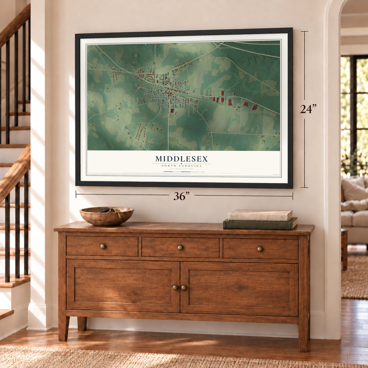 Middlesex, North Carolina map, 24 x 36 inch print in a black frame above a dresser by a staircase