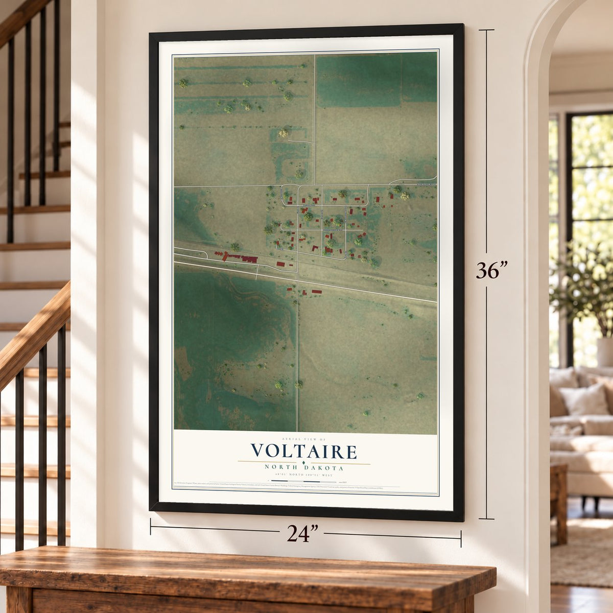 Voltaire, North Dakota map, 24 x 36 inch print in a black frame by a staircase