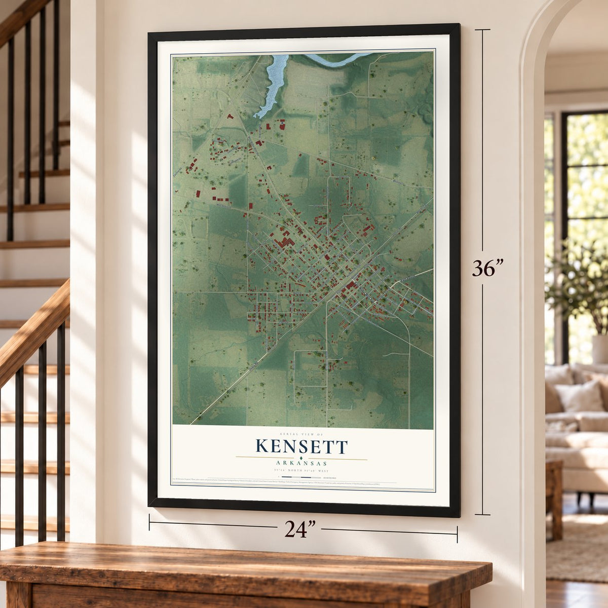 Kensett, Arkansas map, 24 x 36 inch print in a black frame by a staircase