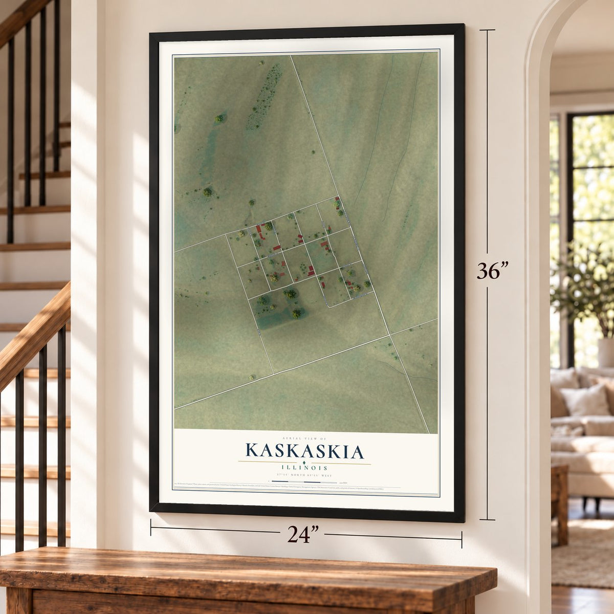 Kaskaskia, Illinois map, 24 x 36 inch print in a black frame by a staircase