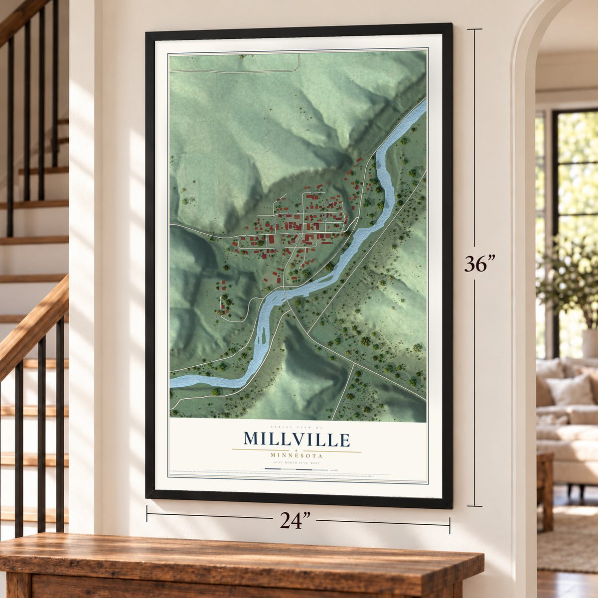 Millville, Minnesota map, 24 x 36 inch print in a black frame by a staircase