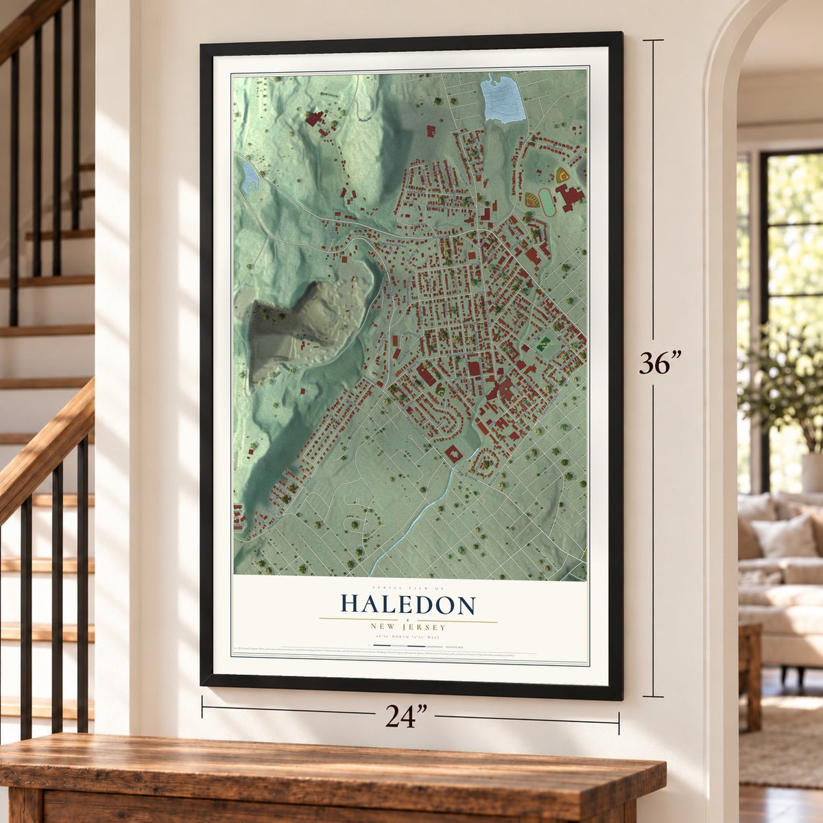 Haledon, New Jersey map, 24 x 36 inch print in a black frame by a staircase