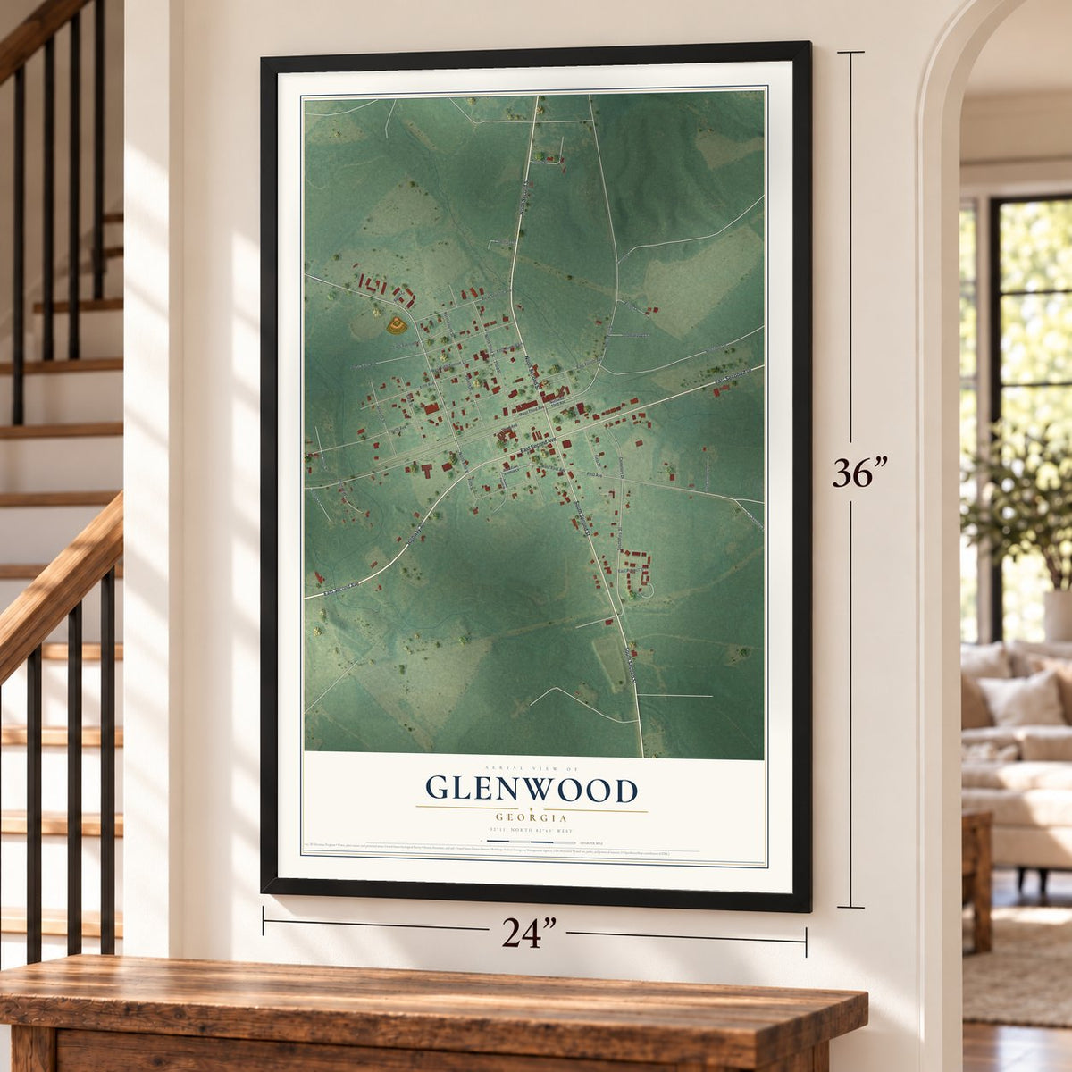 Glenwood, Georgia map, 24 x 36 inch print in a black frame by a staircase