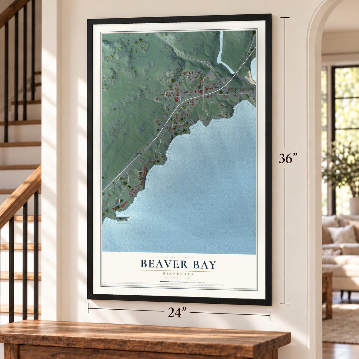 Beaver Bay, Minnesota map, 24 x 36 inch print in a black frame by a staircase