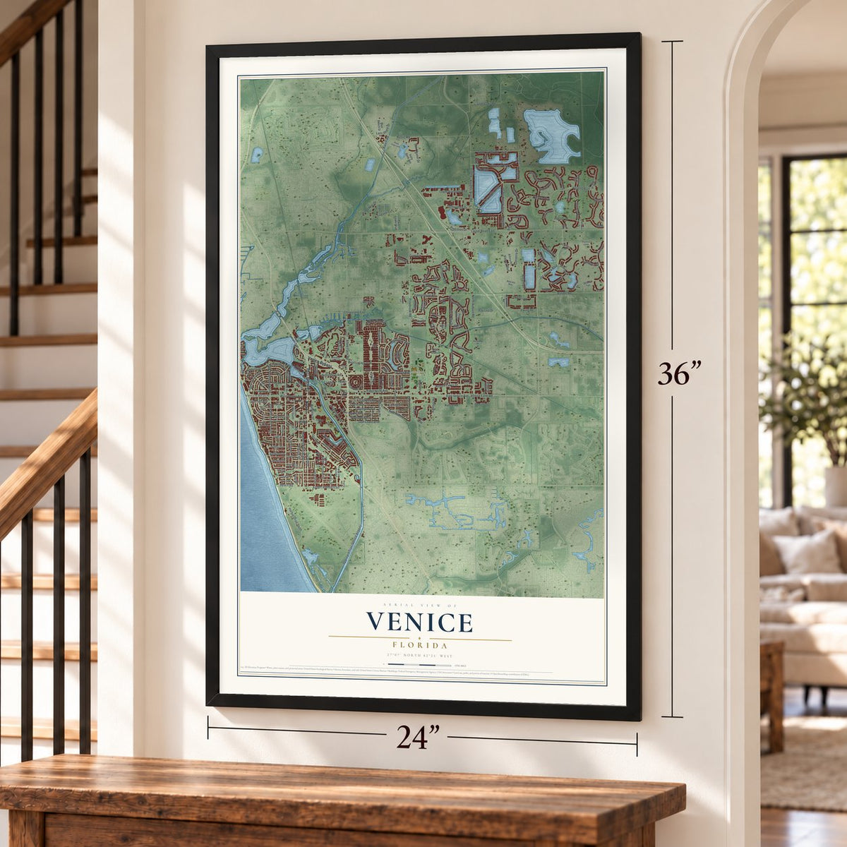Venice, Florida map, 24 x 36 inch print in a black frame by a staircase