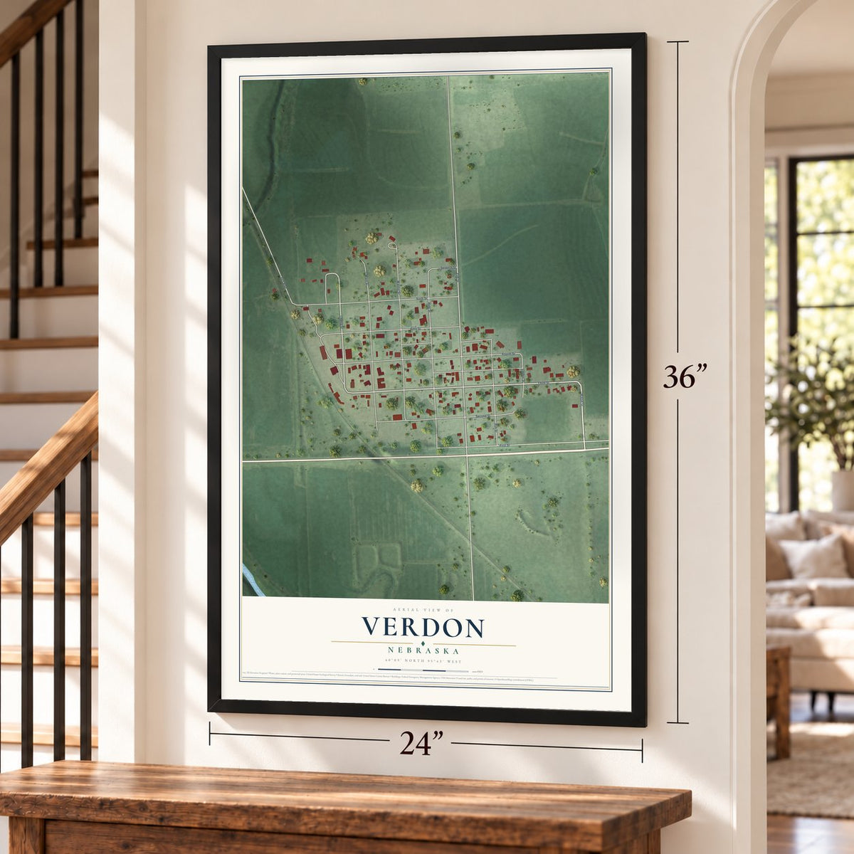 Verdon, Nebraska map, 24 x 36 inch print in a black frame by a staircase