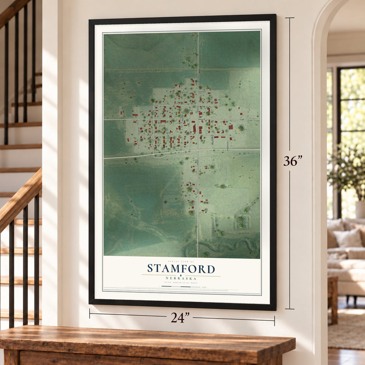 Stamford, Nebraska map, 24 x 36 inch print in a black frame by a staircase