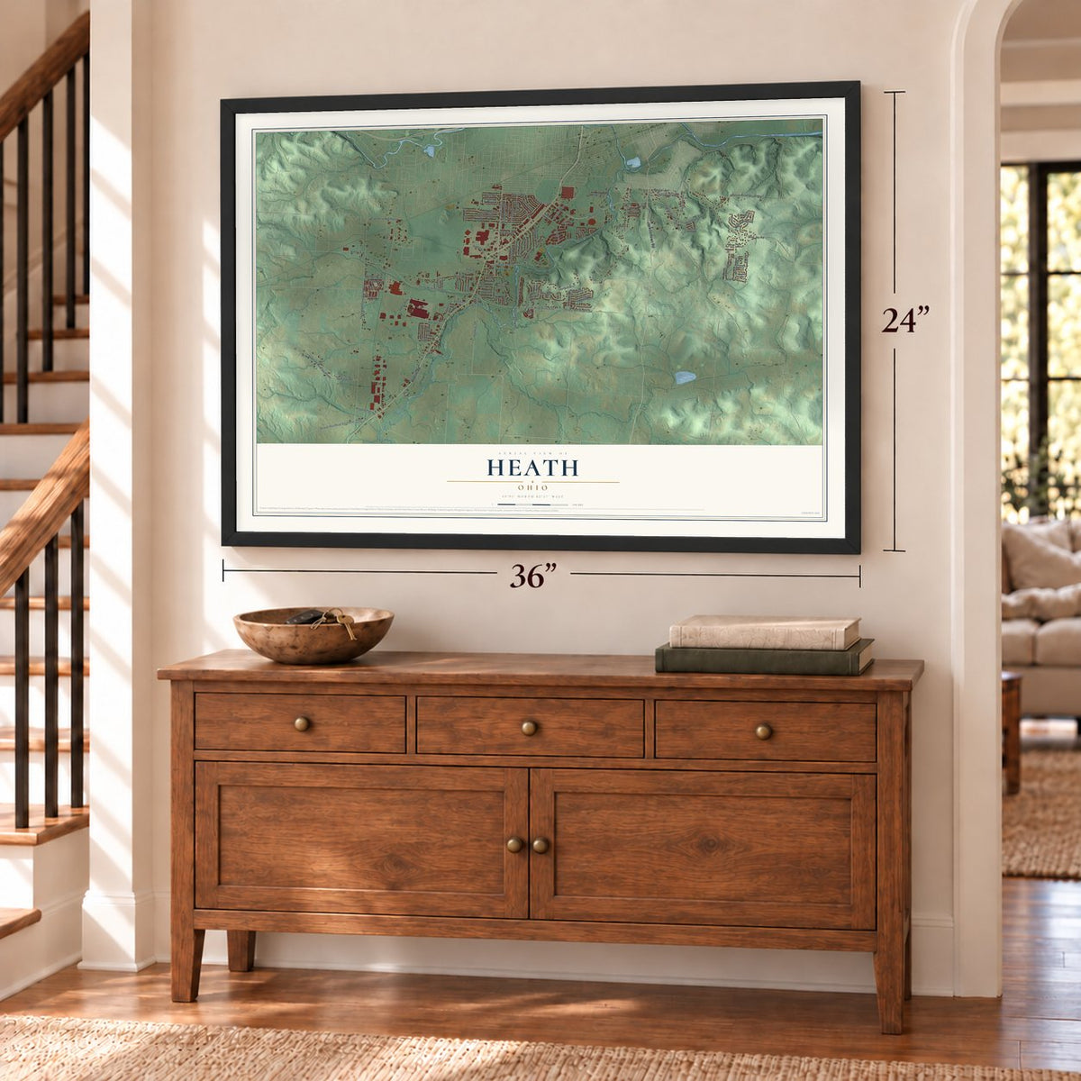 Heath, Ohio map, 24 x 36 inch print in a black frame above a dresser by a staircase