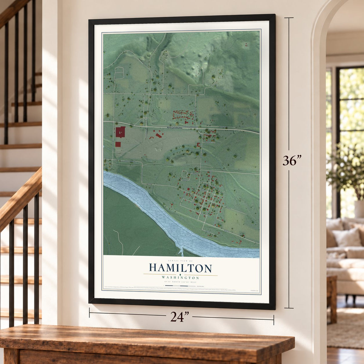 Hamilton, Washington map, 24 x 36 inch print in a black frame by a staircase