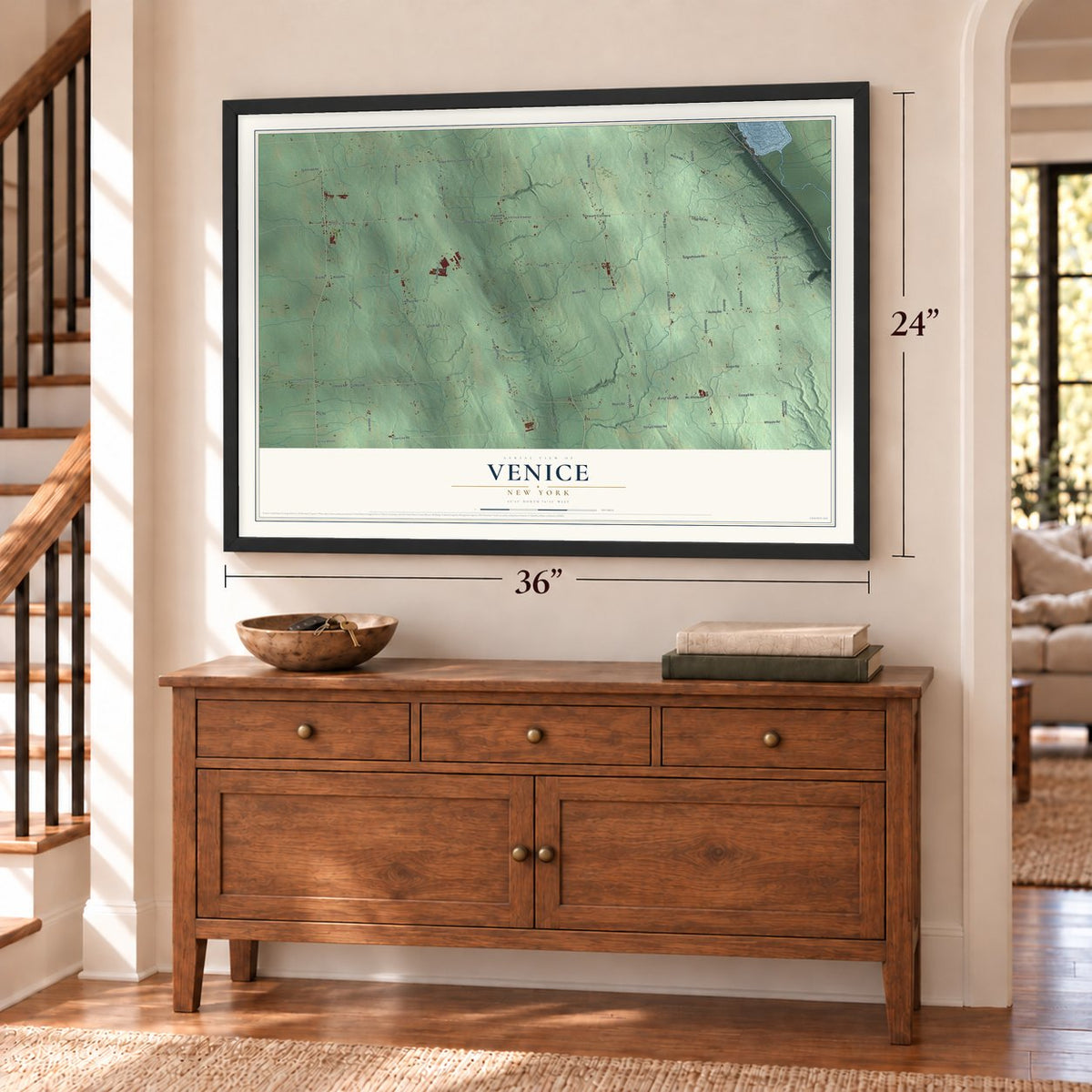 Venice, New York map, 24 x 36 inch print in a black frame above a dresser by a staircase