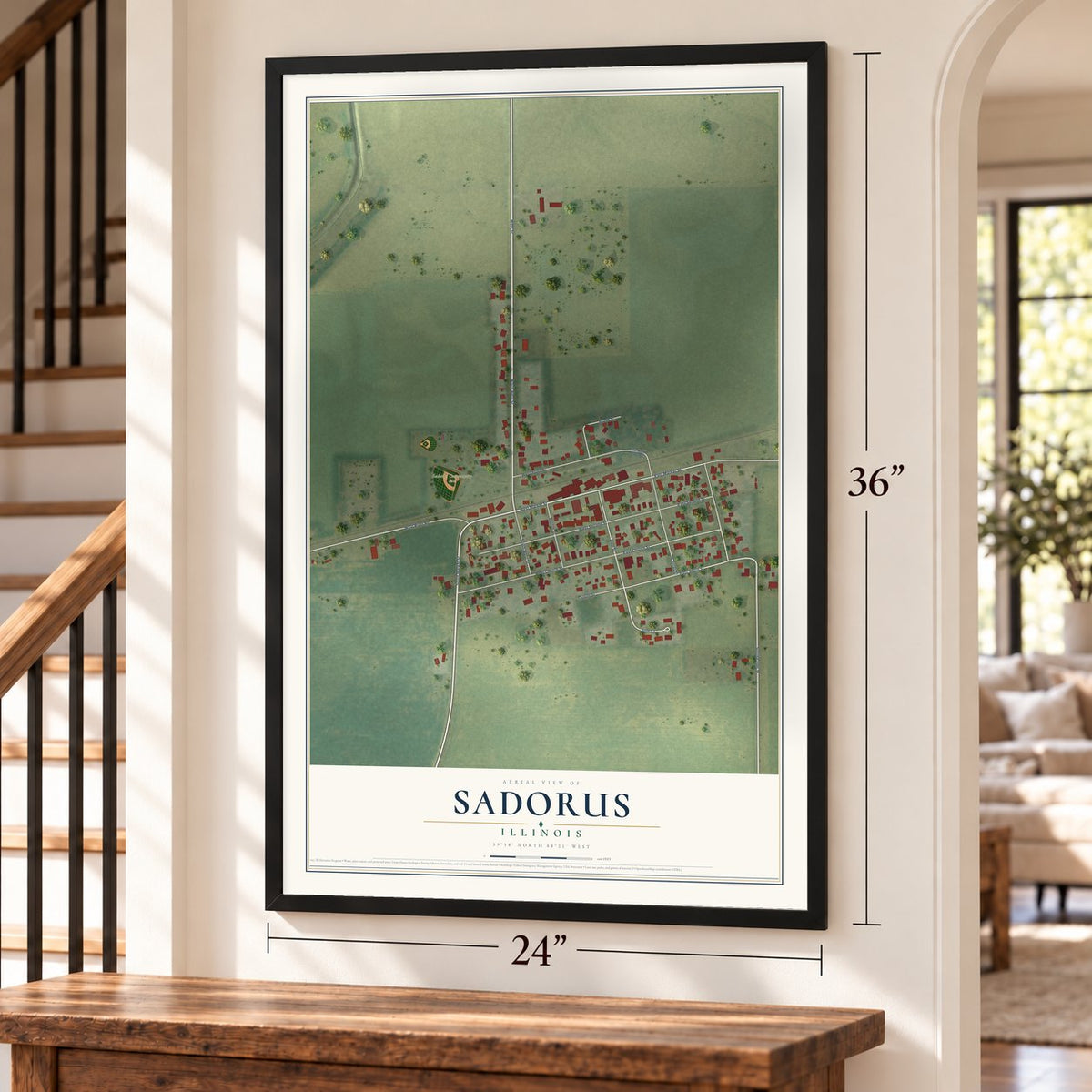 Sadorus, Illinois map, 24 x 36 inch print in a black frame by a staircase