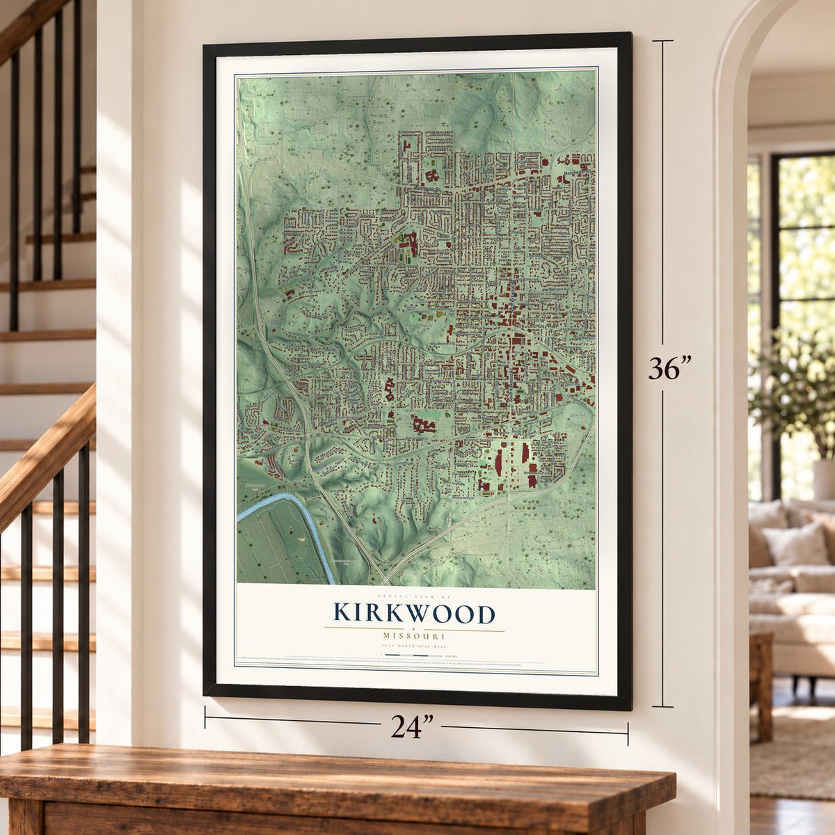 Kirkwood, Missouri map, 24 x 36 inch print in a black frame by a staircase