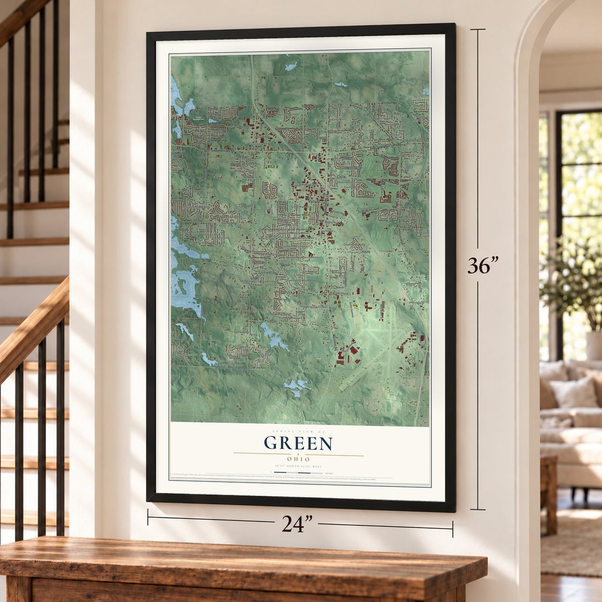 Green, Ohio map, 24 x 36 inch print in a black frame by a staircase