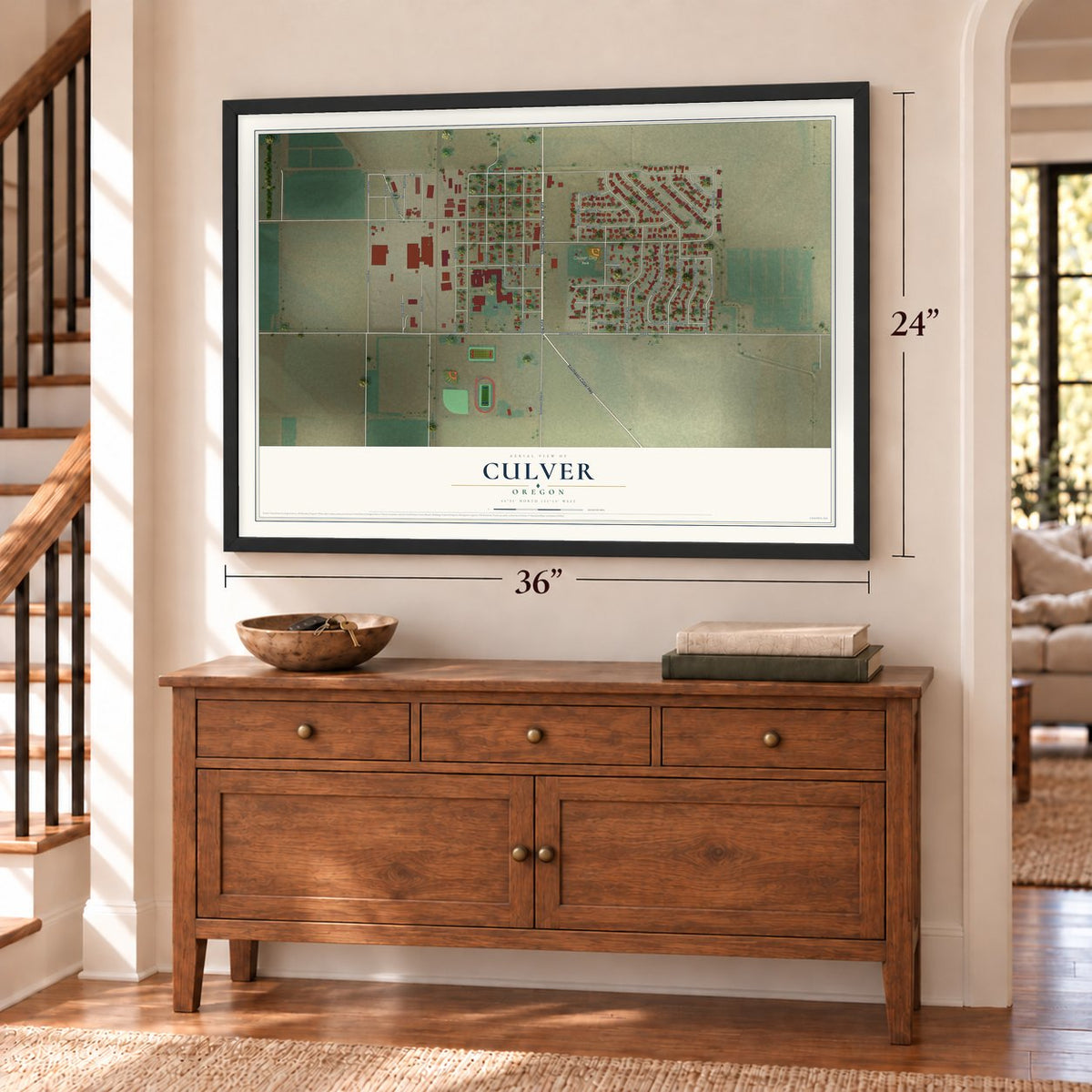 Culver, Oregon map, 24 x 36 inch print in a black frame above a dresser by a staircase