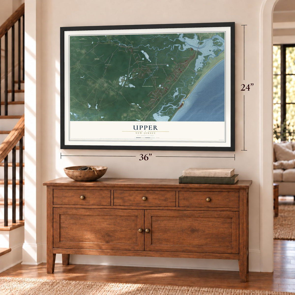 Upper, New Jersey map, 24 x 36 inch print in a black frame above a dresser by a staircase