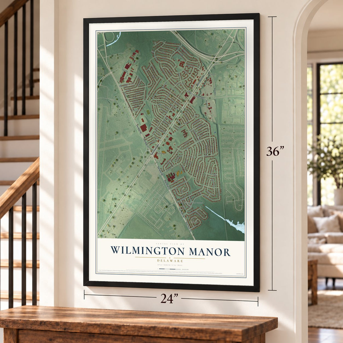 Wilmington Manor, Delaware map, 24 x 36 inch print in a black frame by a staircase