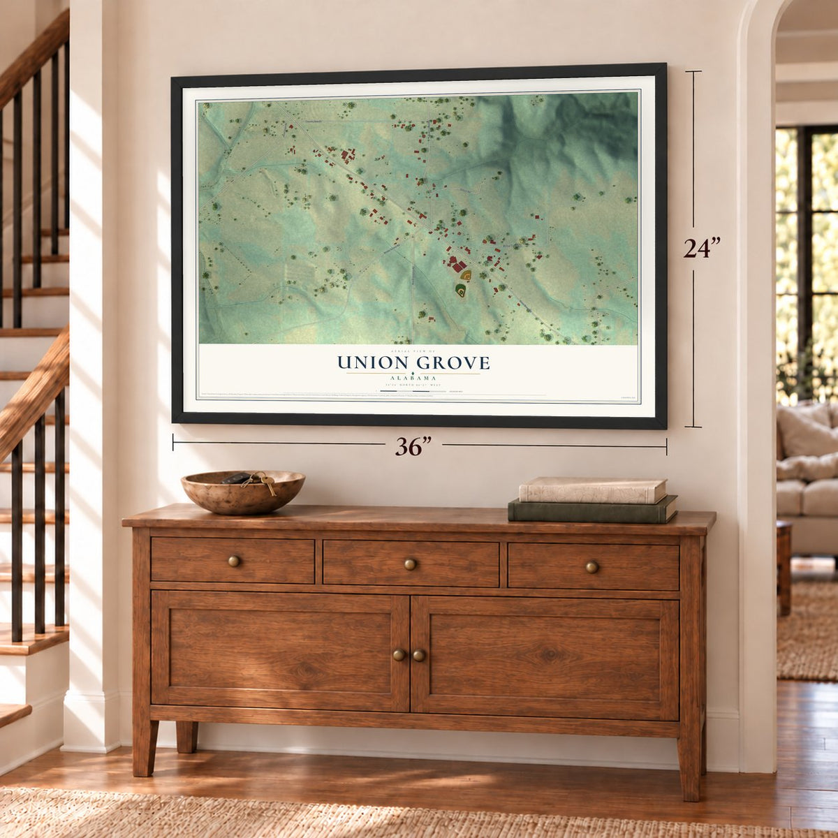 Union Grove, Alabama map, 24 x 36 inch print in a black frame above a dresser by a staircase