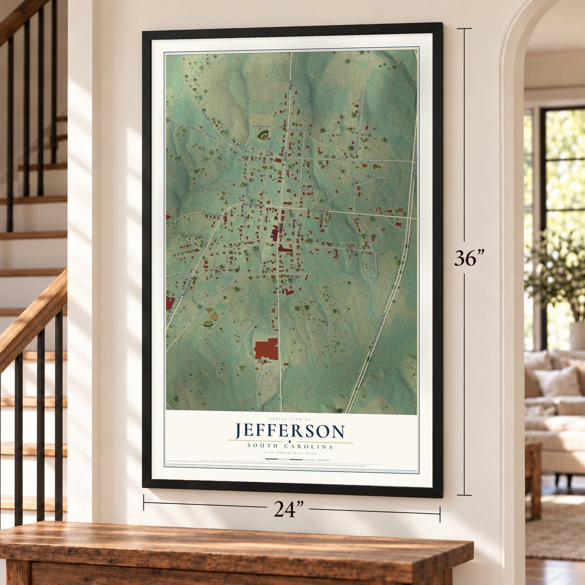Jefferson, South Carolina map, 24 x 36 inch print in a black frame by a staircase