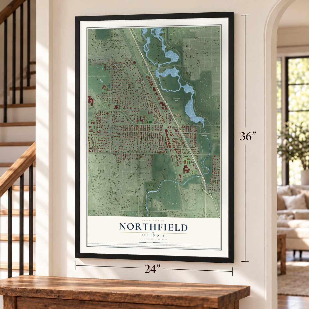 Northfield, Illinois map, 24 x 36 inch print in a black frame by a staircase