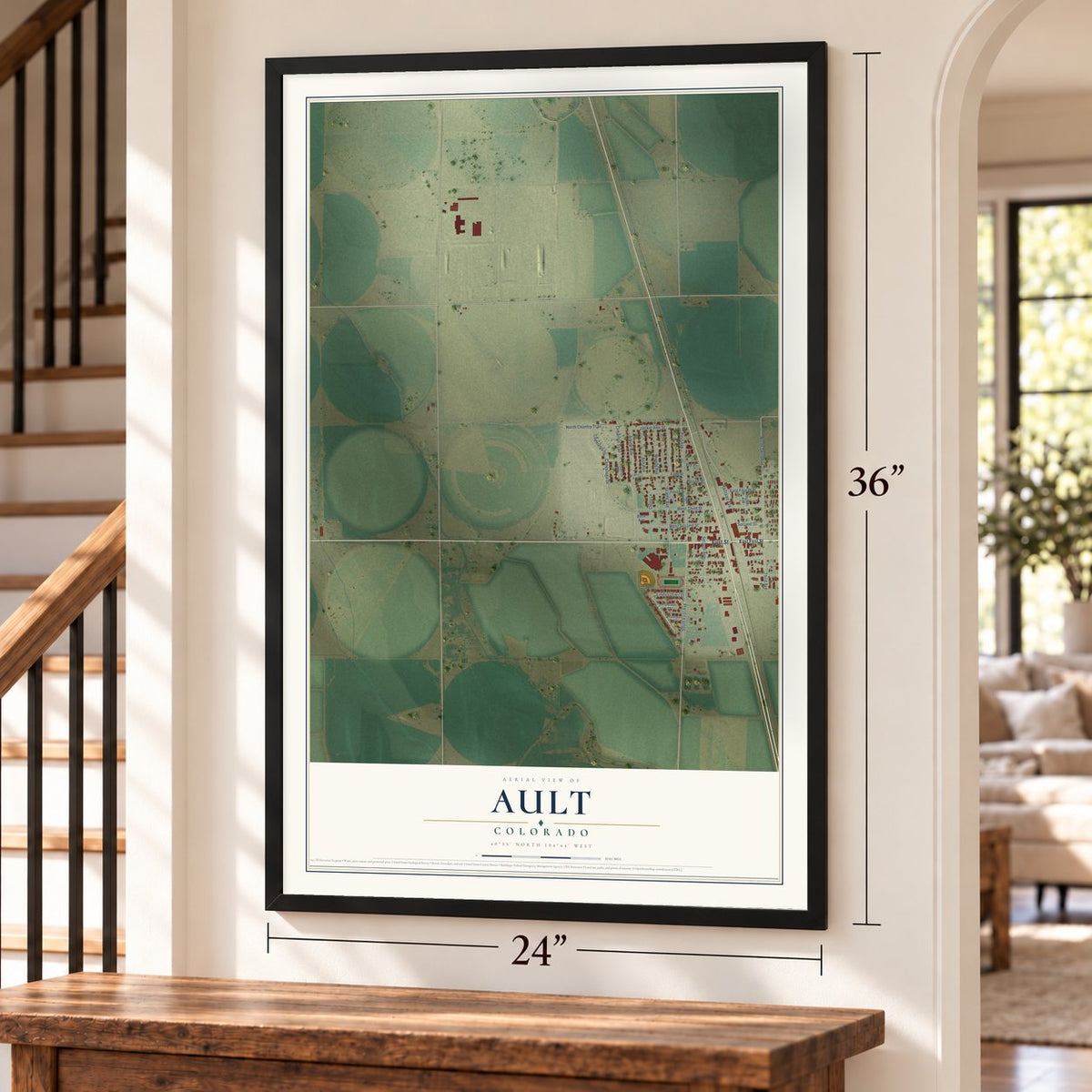 Ault, Colorado map, 24 x 36 inch print in a black frame by a staircase