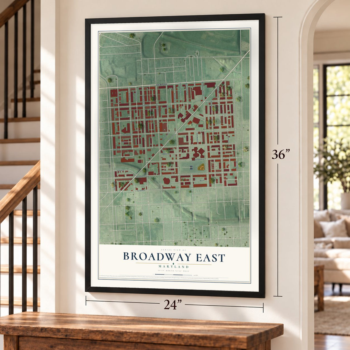 Broadway East, Maryland map, 24 x 36 inch print in a black frame by a staircase