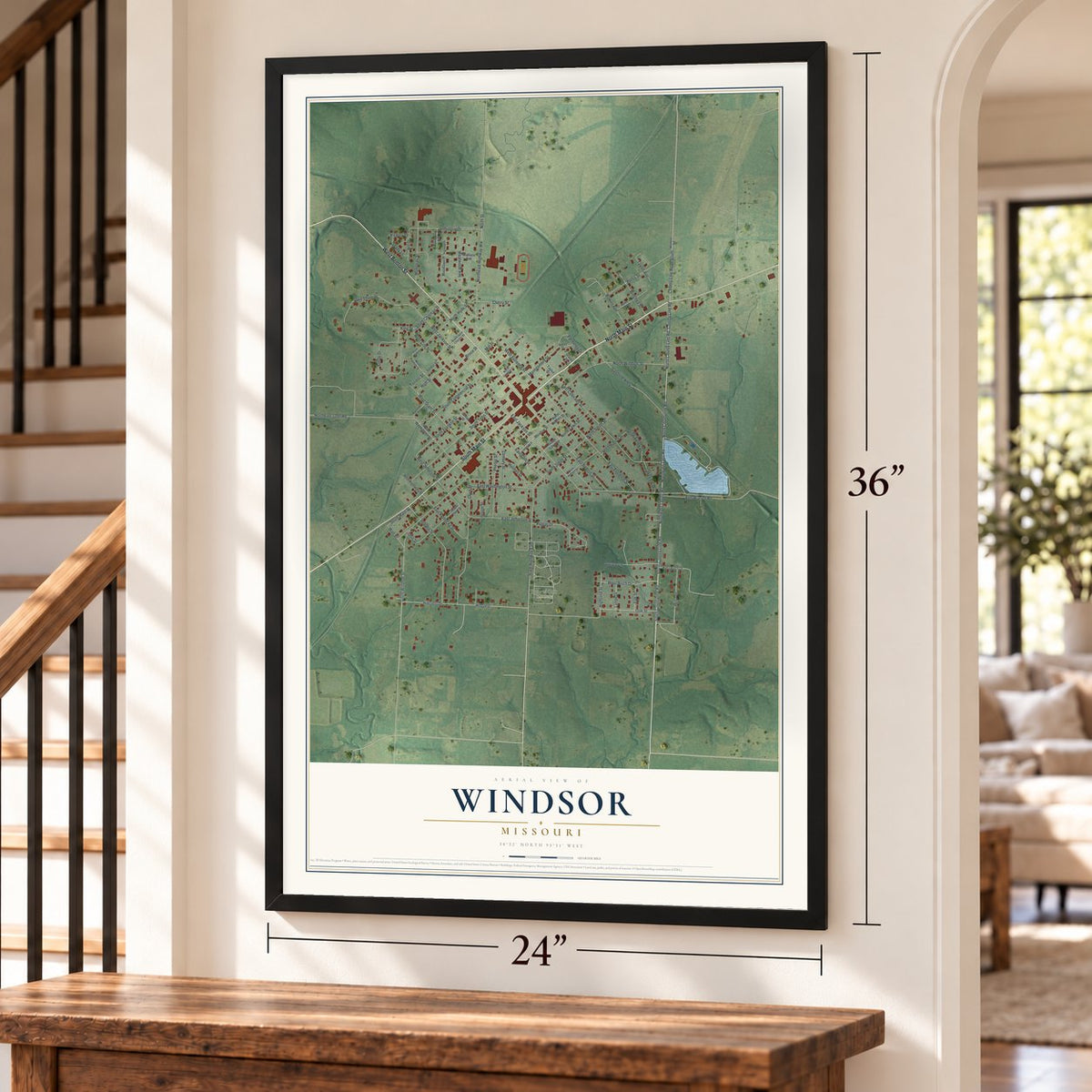 Windsor, Missouri map, 24 x 36 inch print in a black frame by a staircase