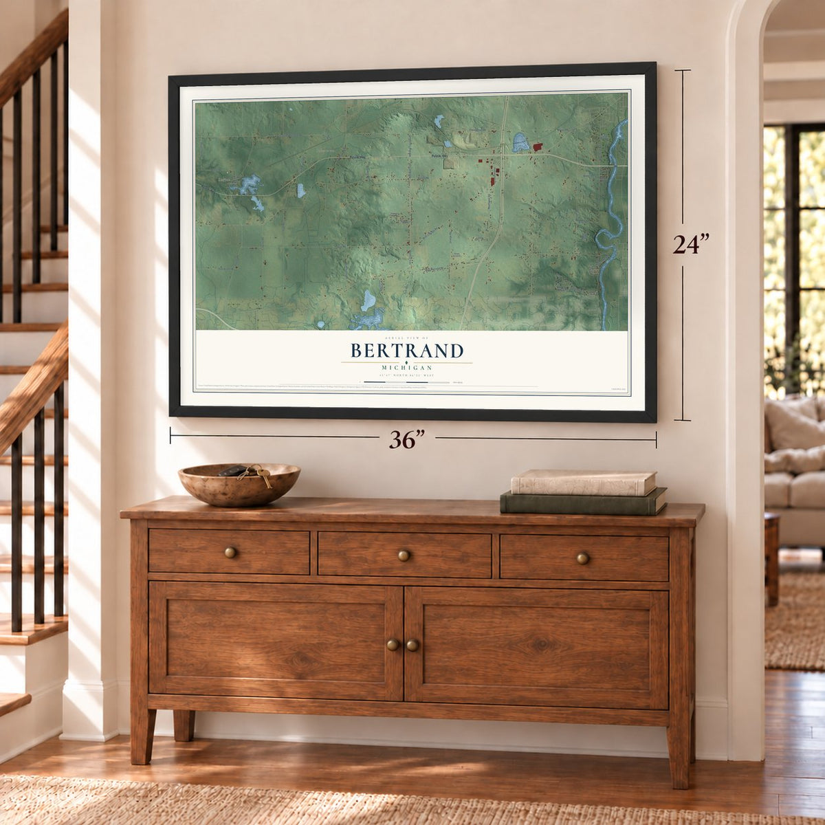 Bertrand, Michigan map, 24 x 36 inch print in a black frame above a dresser by a staircase