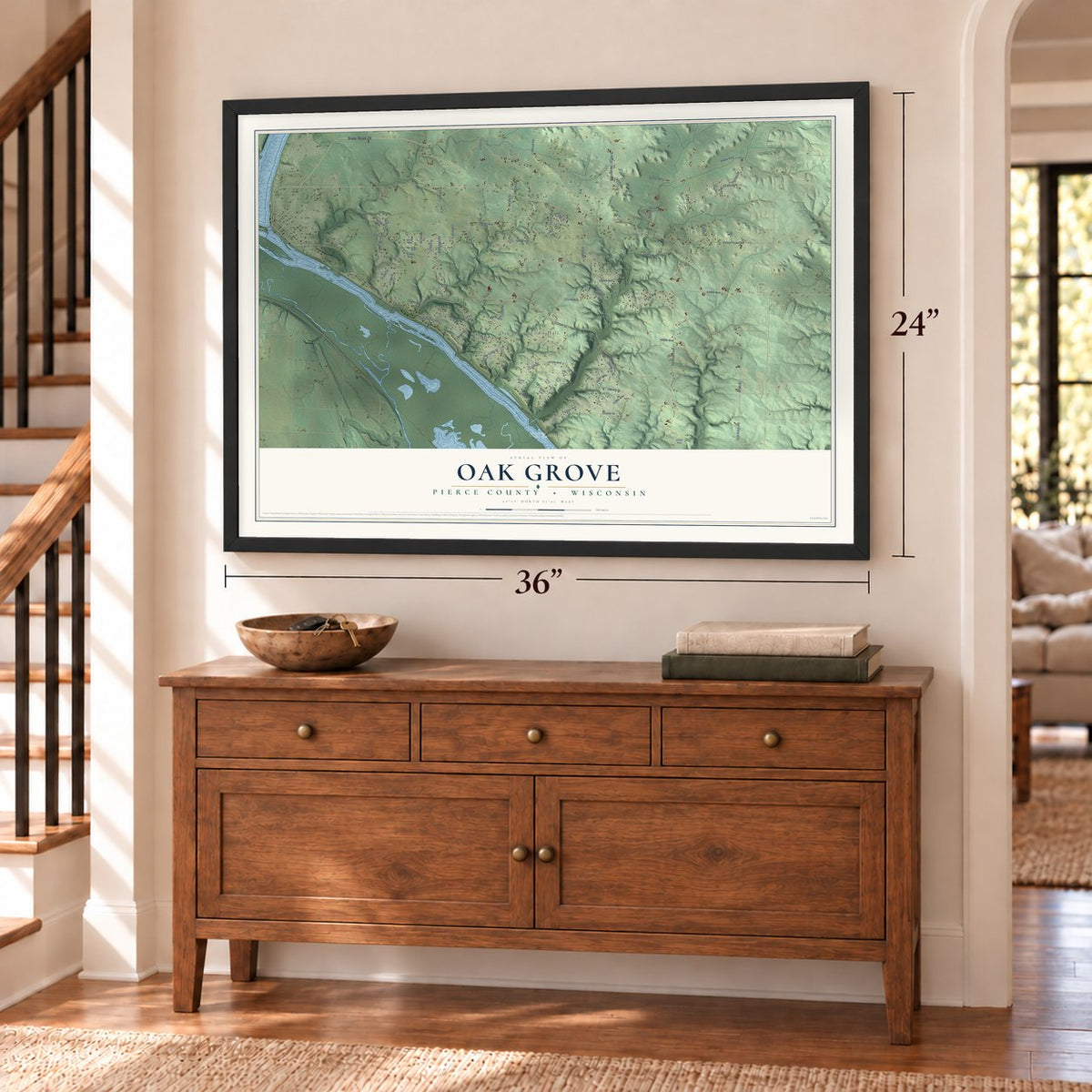 Oak Grove, Pierce County, Wisconsin map, 24 x 36 inch print in a black frame above a dresser by a staircase