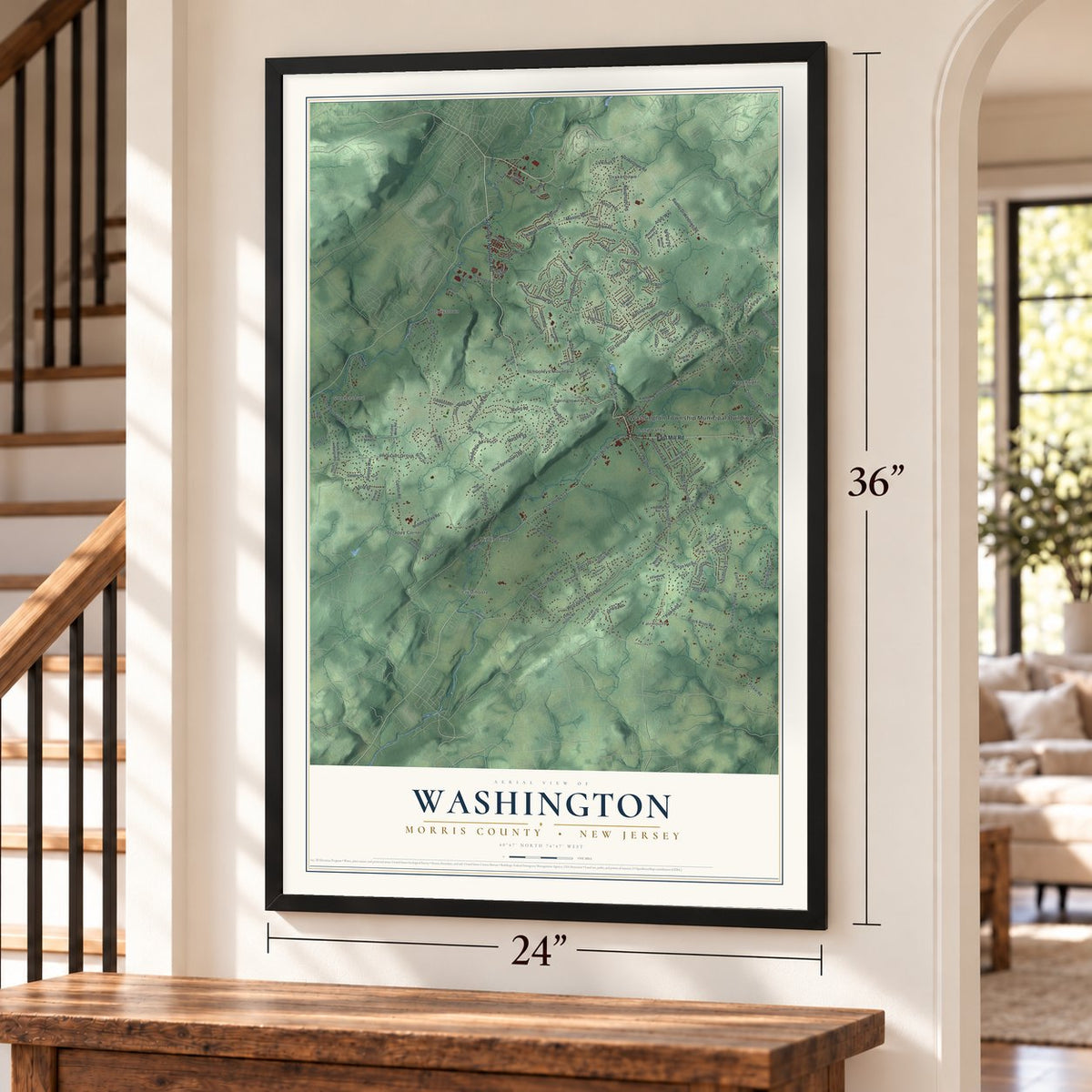 Washington, Morris County, New Jersey map, 24 x 36 inch print in a black frame by a staircase