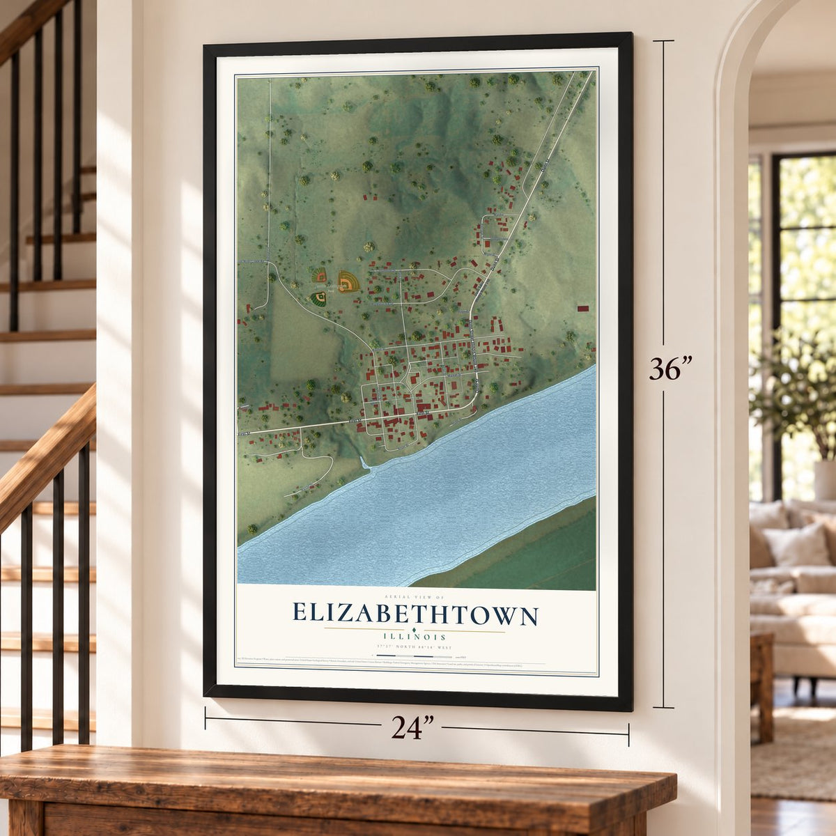 Elizabethtown, Illinois map, 24 x 36 inch print in a black frame by a staircase