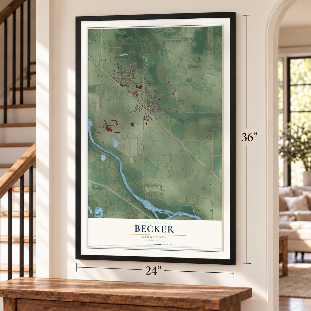 Becker, Minnesota map, 24 x 36 inch print in a black frame by a staircase
