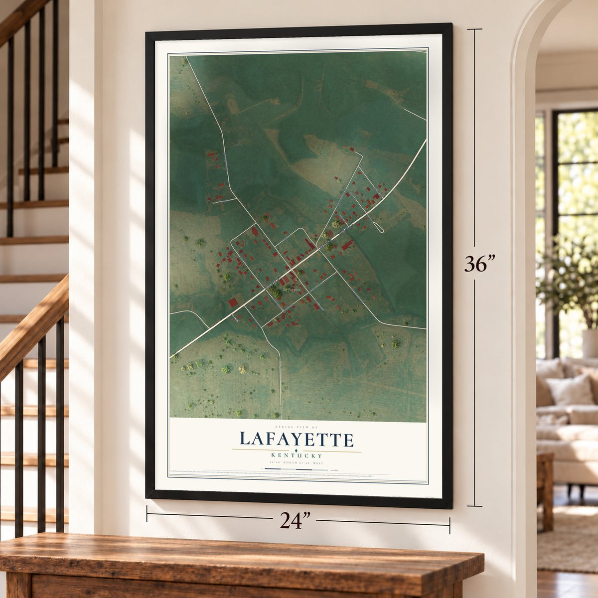 LaFayette, Kentucky map, 24 x 36 inch print in a black frame by a staircase