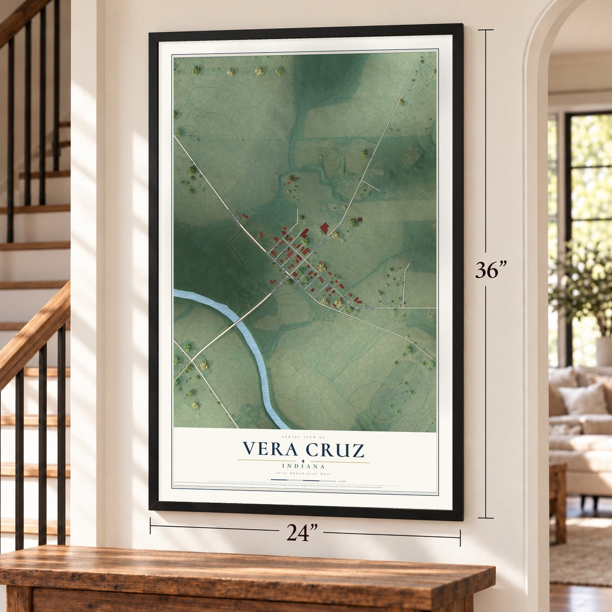 Vera Cruz, Indiana map, 24 x 36 inch print in a black frame by a staircase