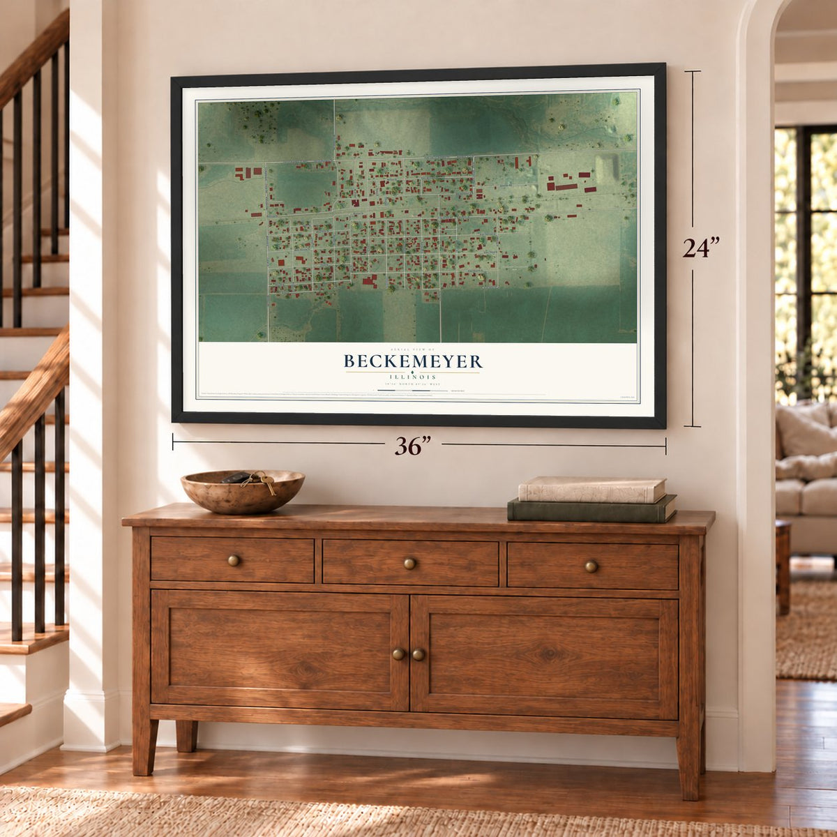 Beckemeyer, Illinois map, 24 x 36 inch print in a black frame above a dresser by a staircase