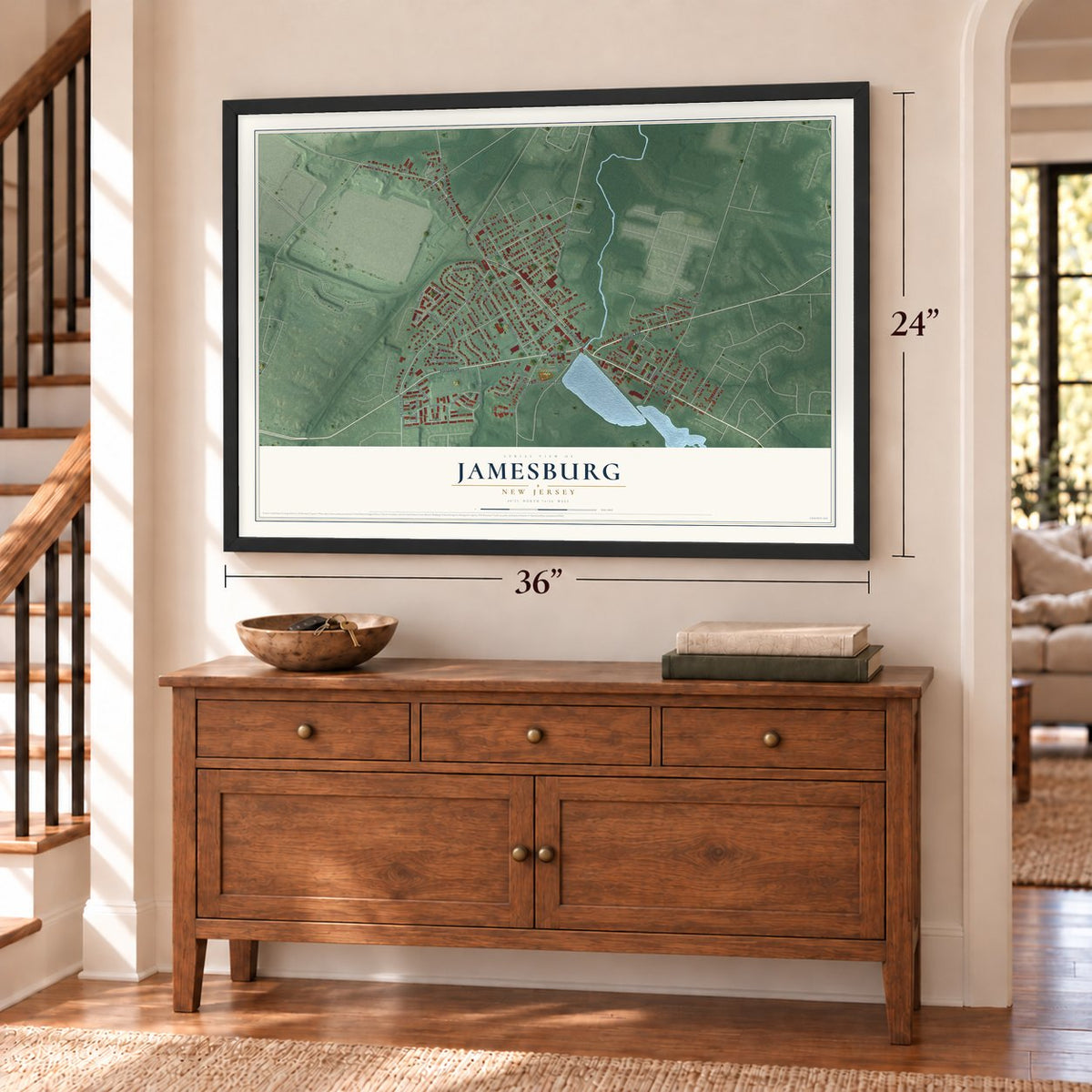Jamesburg, New Jersey map, 24 x 36 inch print in a black frame above a dresser by a staircase