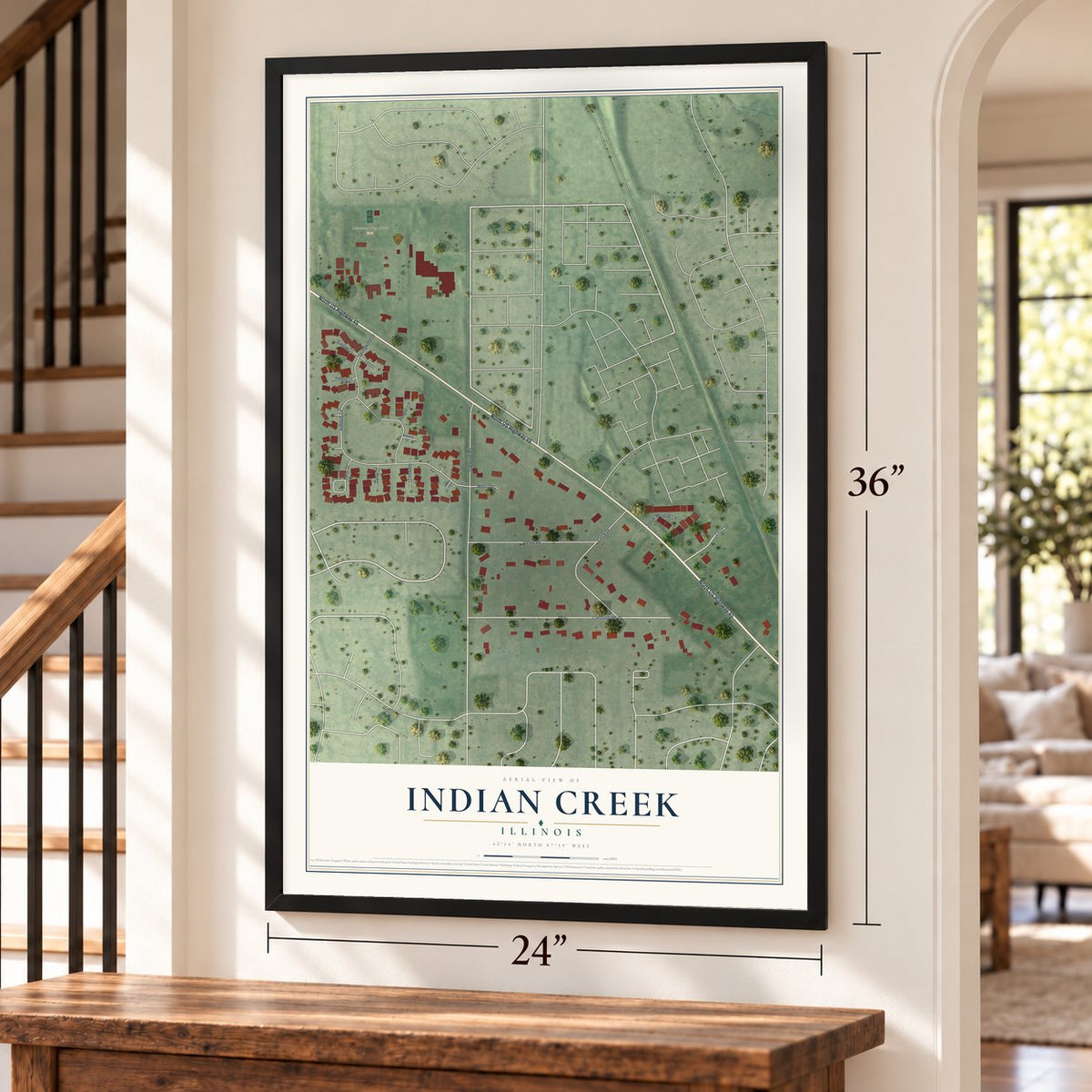 Indian Creek, Illinois map, 24 x 36 inch print in a black frame by a staircase