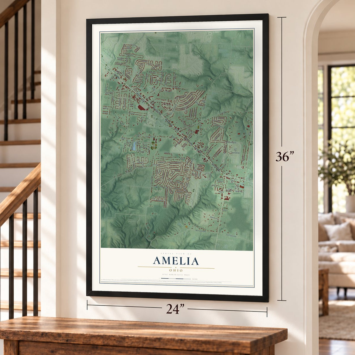 Amelia, Ohio map, 24 x 36 inch print in a black frame by a staircase
