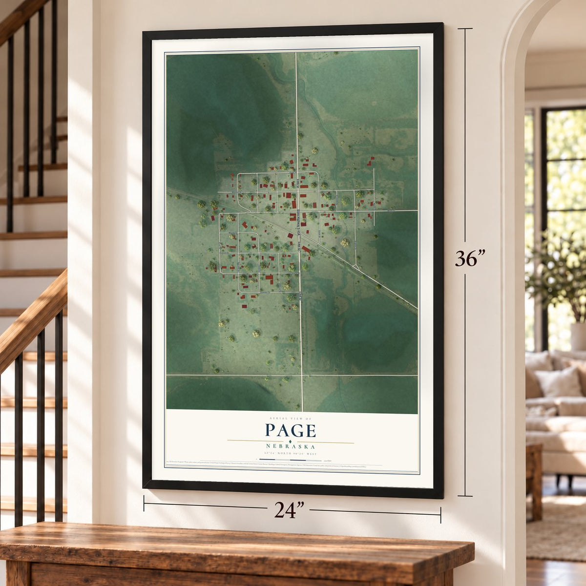 Page, Nebraska map, 24 x 36 inch print in a black frame by a staircase