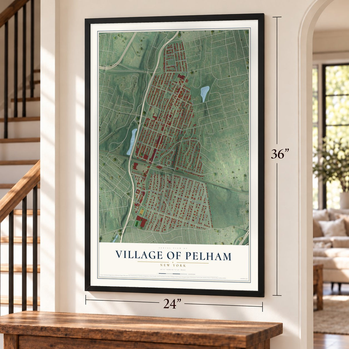 Village of Pelham, New York map, 24 x 36 inch print in a black frame by a staircase