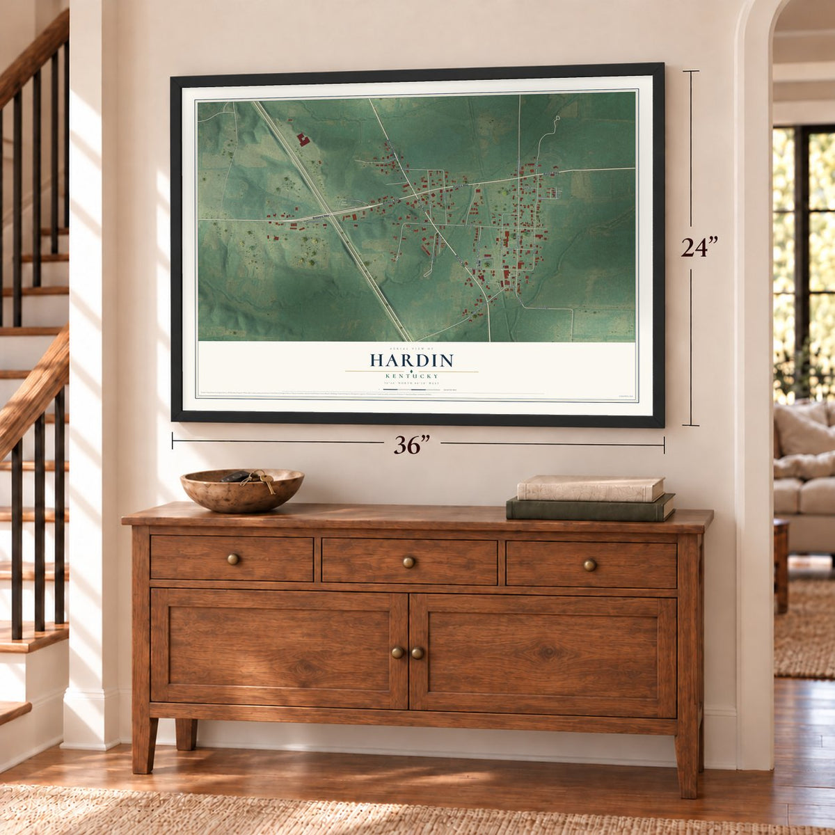 Hardin, Kentucky map, 24 x 36 inch print in a black frame above a dresser by a staircase