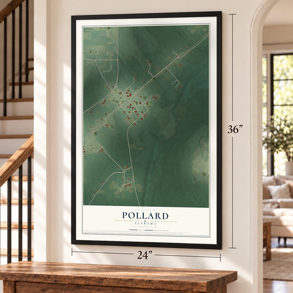 Pollard, Alabama map, 24 x 36 inch print in a black frame by a staircase