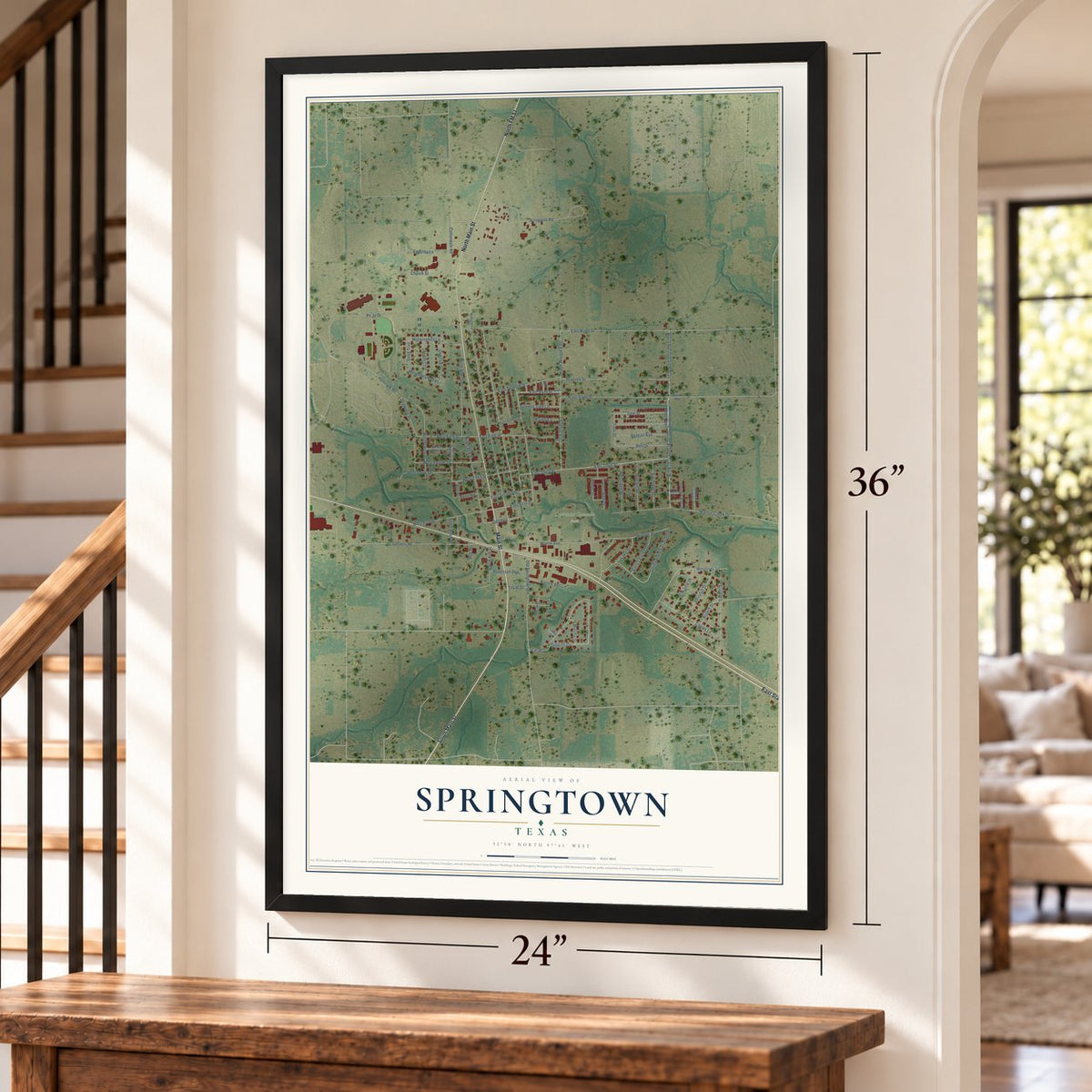 Springtown, Texas map, 24 x 36 inch print in a black frame by a staircase