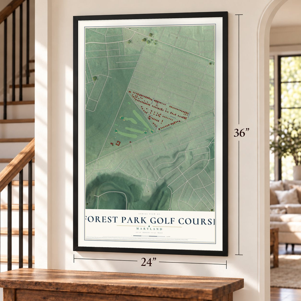 Forest Park Golf Course, Maryland map, 24 x 36 inch print in a black frame by a staircase