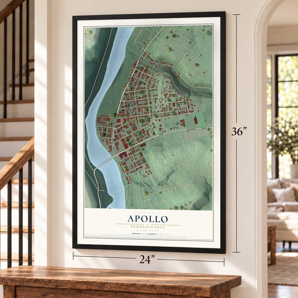 Apollo, Pennsylvania map, 24 x 36 inch print in a black frame by a staircase