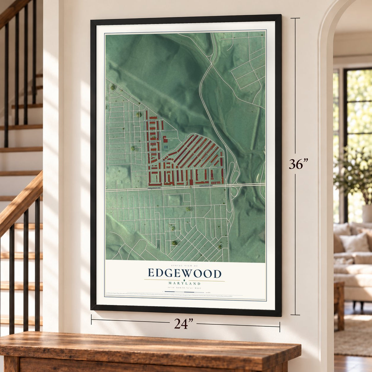 Edgewood, Maryland map, 24 x 36 inch print in a black frame by a staircase