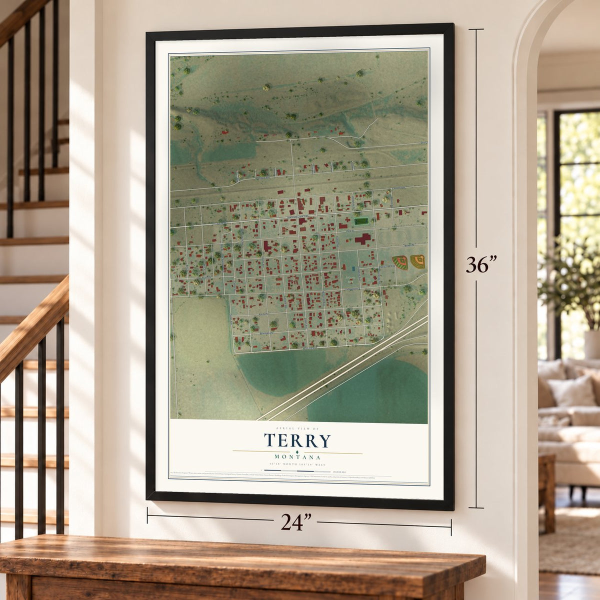 Terry, Montana map, 24 x 36 inch print in a black frame by a staircase
