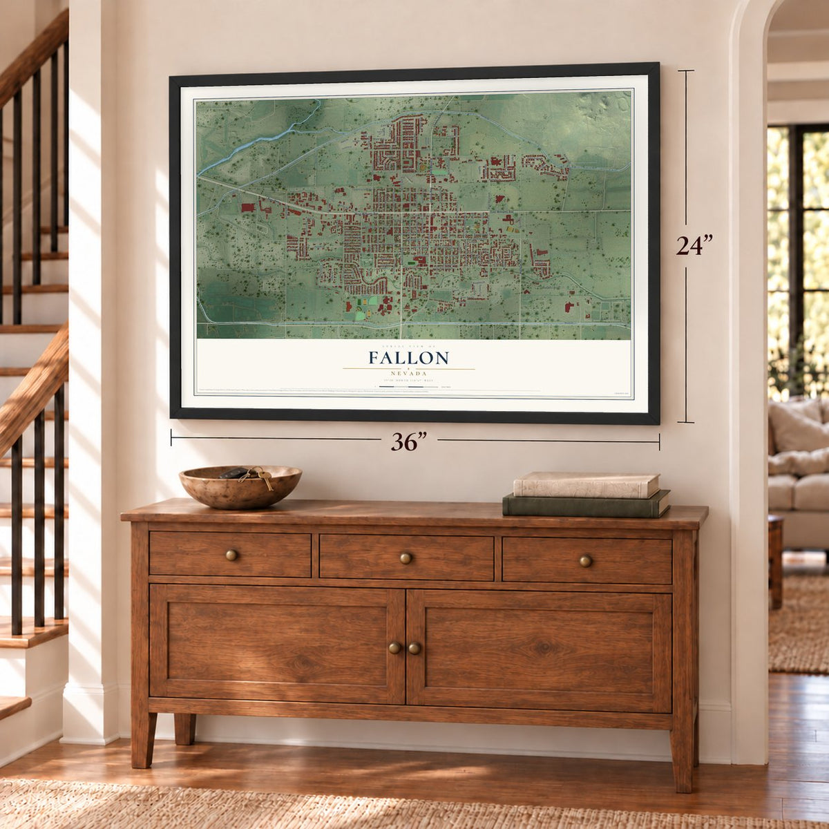 Fallon, Nevada map, 24 x 36 inch print in a black frame above a dresser by a staircase