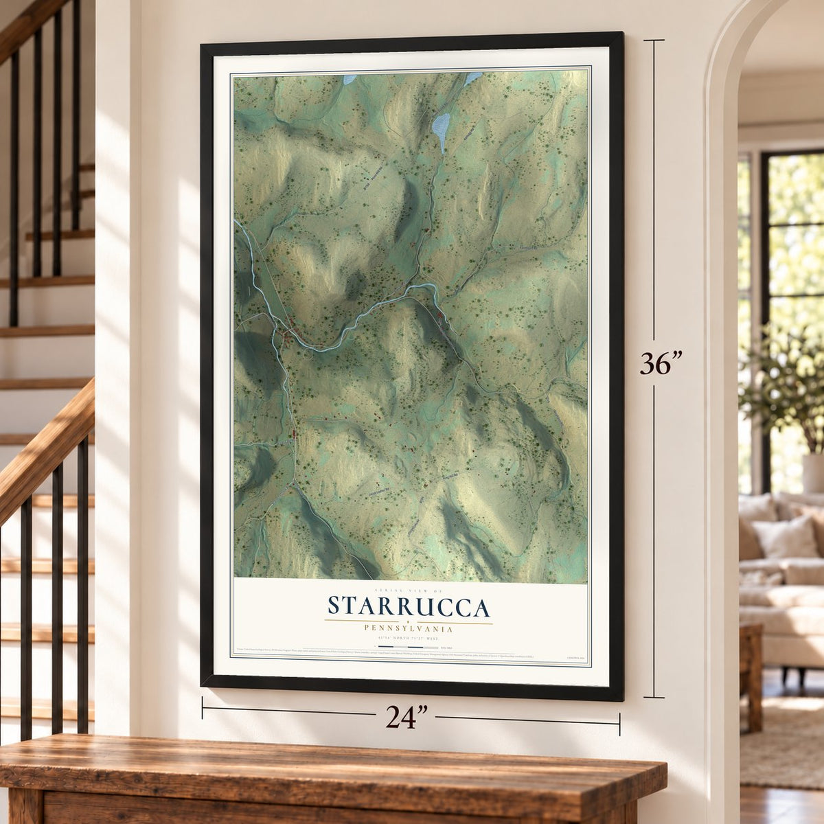 Starrucca, Pennsylvania map, 24 x 36 inch print in a black frame by a staircase