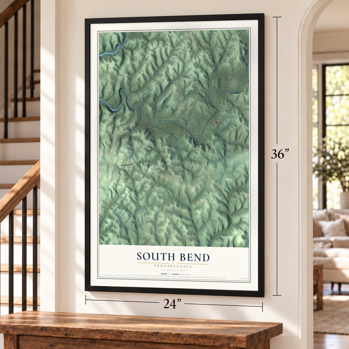 South Bend, Pennsylvania map, 24 x 36 inch print in a black frame by a staircase